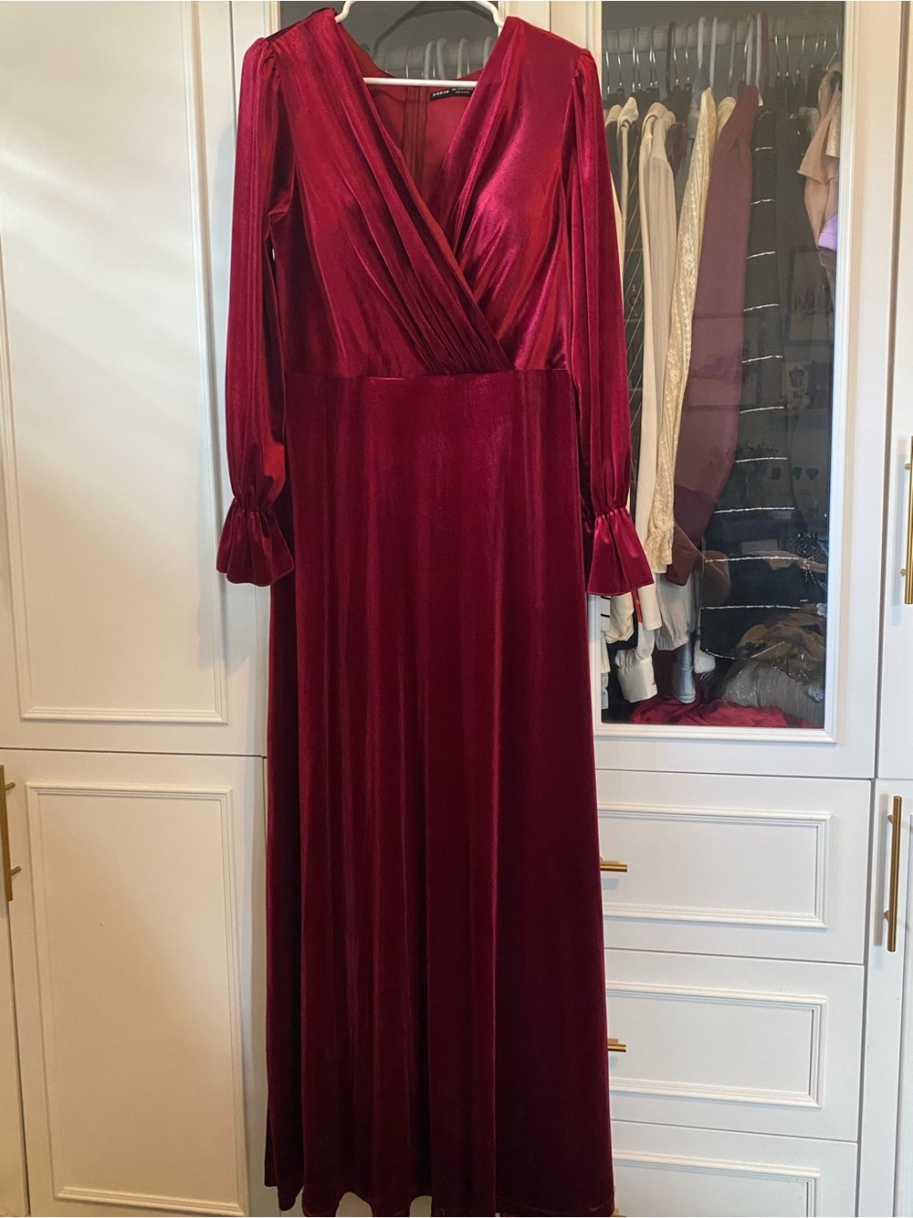 SHEIN Deep Red Velvet Wrap Maxi Dress
